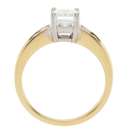 80 - An 18ct gold square-shape diamond single-stone ring, with graduated brilliant-cut diamond line shoul... 