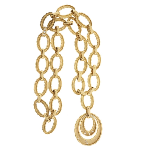 82 - A 1980s 18ct gold diamond grooved-link necklace, with brilliant-cut diamond line spacers and similar... 