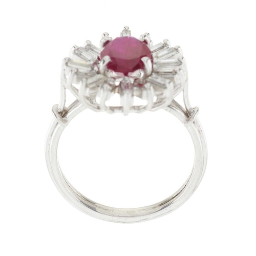 84 - A mid 20th Burmese ruby and rectangular-shape diamond floral cluster ring, with report from GCS, sta... 