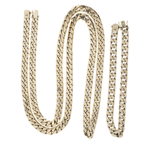 88 - An 18ct gold flat curb-link chain necklace, together with a matching bracelet, each with push-piece ... 