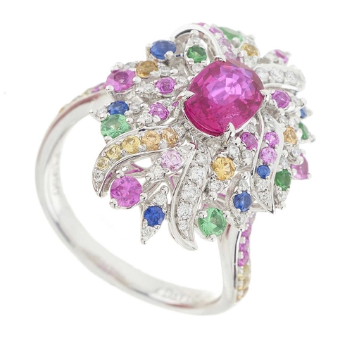 93 - A platinum unheated ruby and multi-gem cocktail dress ring, gems to include vari-hue sapphires, gree... 