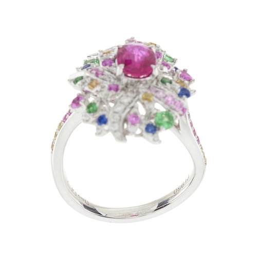 93 - A platinum unheated ruby and multi-gem cocktail dress ring, gems to include vari-hue sapphires, gree... 