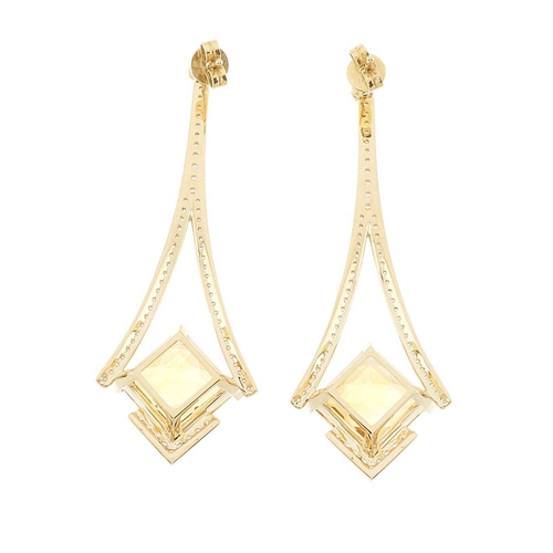 99 - A pair of 18ct gold citrine and brilliant-cut diamond geometric drop earrings, total citrine weight ... 