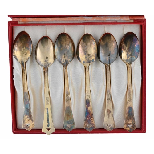 134 - David Anderson, a Harlequin set of six silver gilt and enamelled coffee spoons, cast with foliate co... 