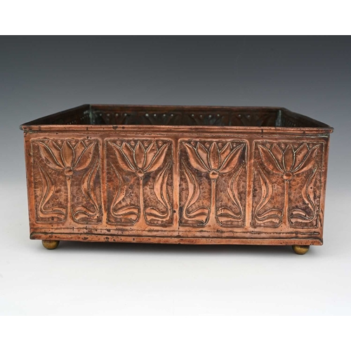 157 - An Arts and Crafts copper jardiniere, in the style of Keswick, square section, repousse embossed wit... 