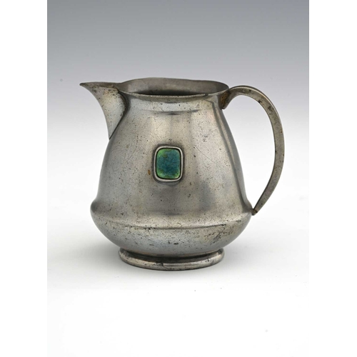 159 - An Arts and Crafts pewter and Ruskin cabochon jug, William Hutton for G L Connell, ogee conical form... 