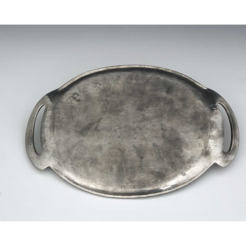 175 - Archibald Knox for Liberty & Co, a Tudric pewter tray, circa 1905, oval form with integral handles a... 