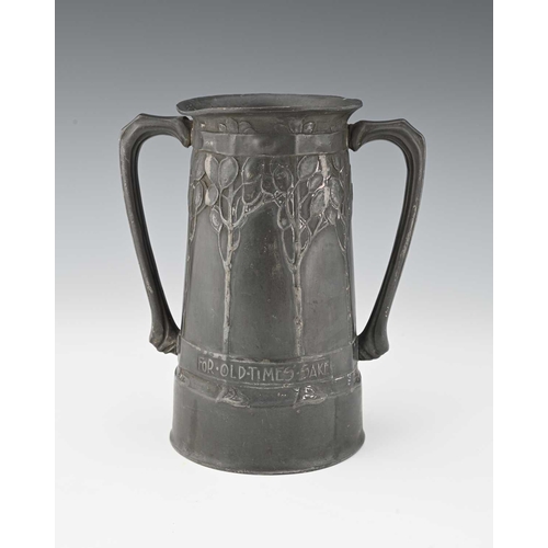 176 - David Veasey for Liberty and Co., an Arts and Crafts pewter twin handled vase, conical form, cast in... 