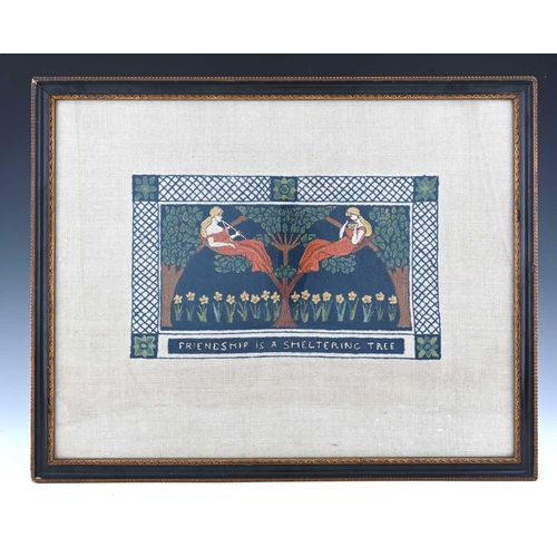 186 - An Arts & Crafts woolwork sampler, 'Friendship is a Sheltering Tree', two classical maidens making m... 