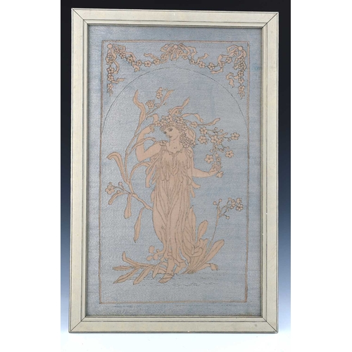 187 - An Arts & Crafts silk crewelwork panel, a classically draped maiden amongst foliage with an arched t... 