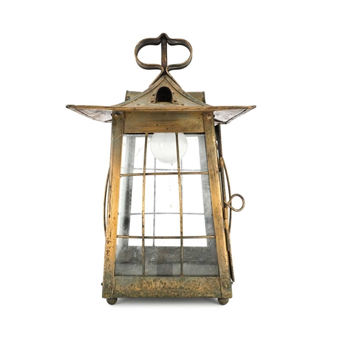 193 - An Arts and Craft brass pendant light, square section lantern form with pitched roof and riveted dor... 