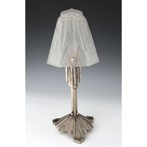 194 - Edgar Brandt for Muller Freres, an Art Deco frosted glass and silvered wrought iron table lamp, circ... 