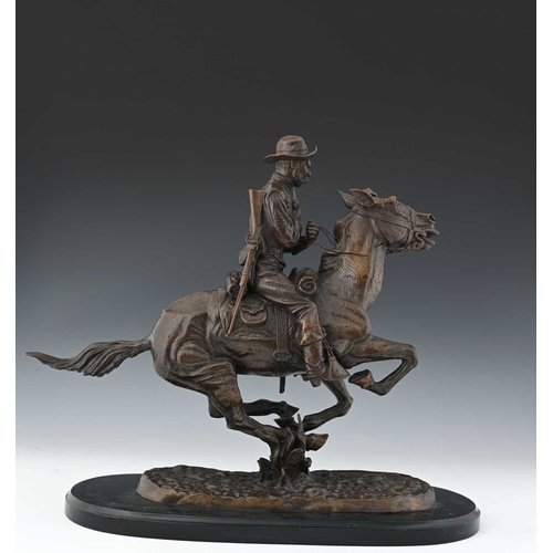 195 - After Frederic Sackrider Remington, Trooper of the Plains, 1868, signed in the bronze, titled on the... 