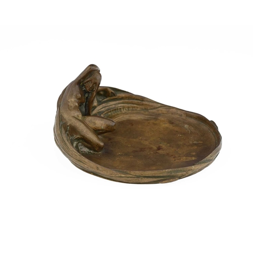 199 - Auguste Rubin, an Art Nouveau bronze figural vide poche dish, modelled as a nude maiden beside a pon... 