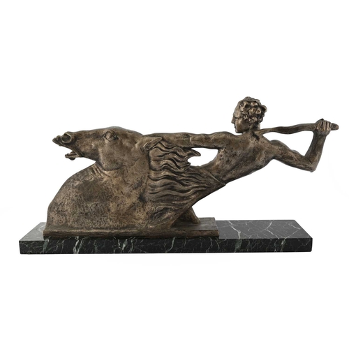 205 - Alberto Bazzoni, a large Art Deco silvered bronze figure group, circa 1925, modelled as the head of ... 