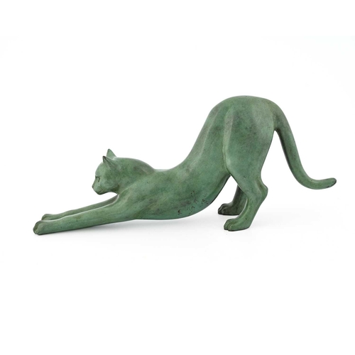 209 - David Cornell (British, 1935), Crouching Cat, signed and No.12/25, green-patinated bronze, 32cm long... 