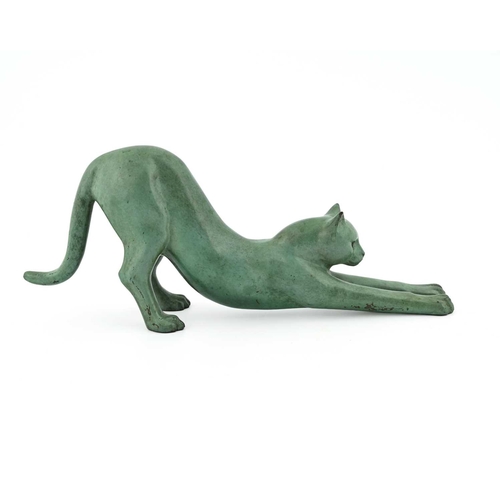 209 - David Cornell (British, 1935), Crouching Cat, signed and No.12/25, green-patinated bronze, 32cm long... 