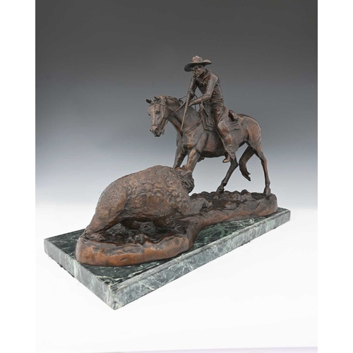 210 - Inspired by Frederic Sackrider Remington (American, 1861-1909), Killing the Bear, bronze, signed in ... 