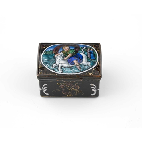 225 - A Renaissance revival Limoges enamel patch box, cuboid form, the lid painted with an allegorical dep... 