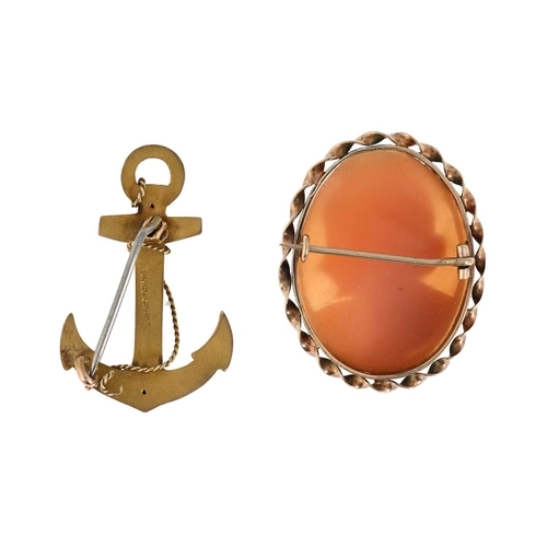 3 - A 9 carat gold anchor brooch, and a gold mounted cameo brooch, 3cm long, 4.5g