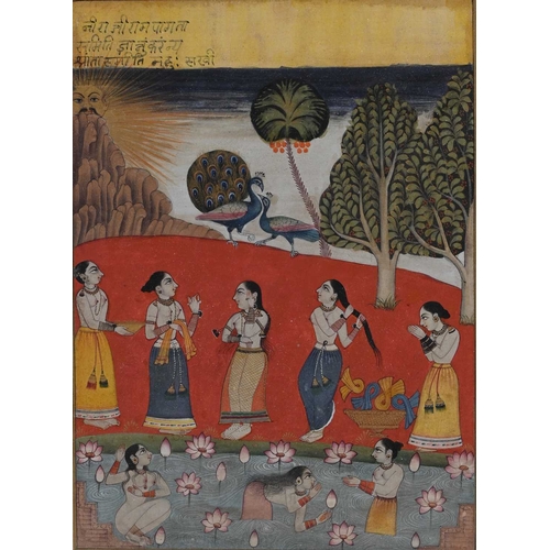 379 - Mughal School, figures in a rainstorm, figures bathing, and a seated deity, three illustrations, gou... 