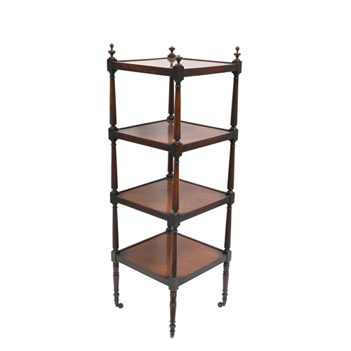 385 - A Regency mahogany whatnot, circa 1820, four square tiers with finials, united by ring and baluster ... 