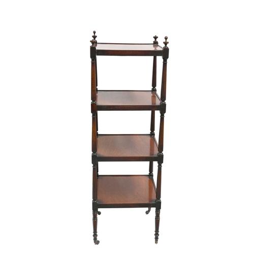 385 - A Regency mahogany whatnot, circa 1820, four square tiers with finials, united by ring and baluster ... 