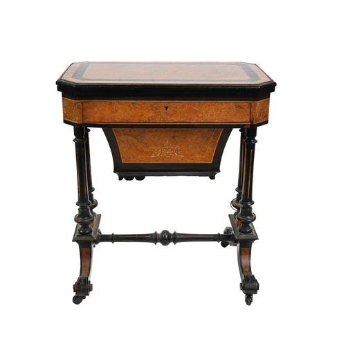 386 - A late Victorian amboyna and ebonised games/work table combined, circa 1870, octagonal parquetry inl... 