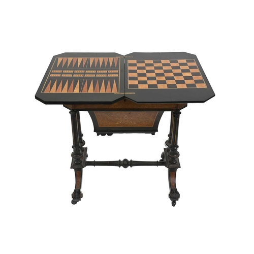 386 - A late Victorian amboyna and ebonised games/work table combined, circa 1870, octagonal parquetry inl... 