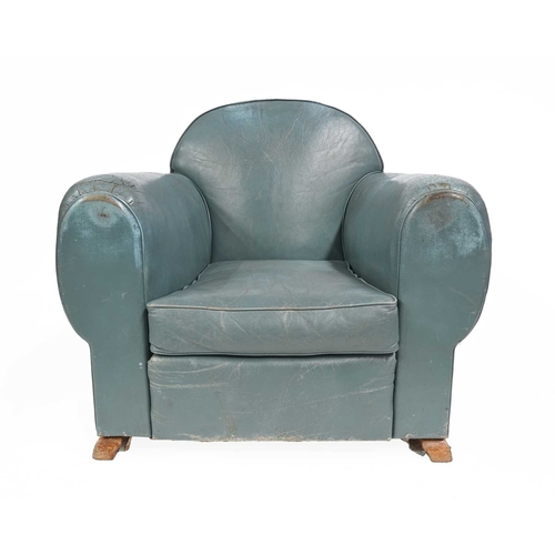 395 - A pair of Art Deco club armchairs, 1930s, sky blue leather upholstery, curved backs, deep slouched s... 