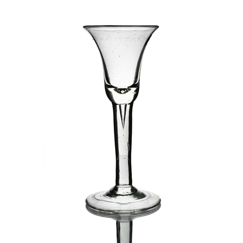 407 - An 18th century diamond point engraved wine glass, circa 1745, the bell shaped bow with an inscripti... 