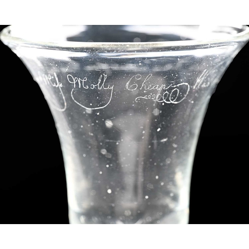 407 - An 18th century diamond point engraved wine glass, circa 1745, the bell shaped bow with an inscripti... 