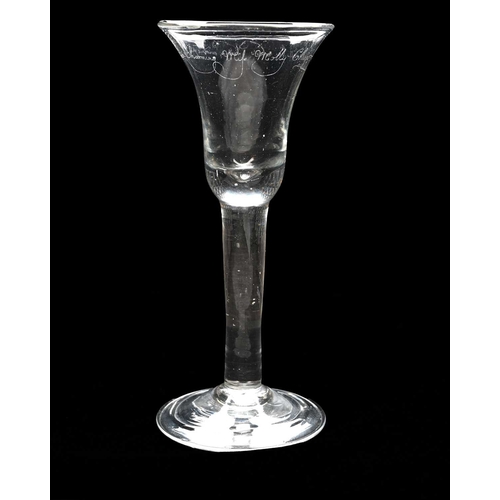 407 - An 18th century diamond point engraved wine glass, circa 1745, the bell shaped bow with an inscripti... 