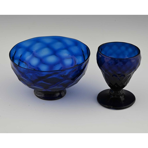 413 - A George III Bristol blue glass bowl and bonnet or monteith glass, circa 1800, optic diamond moulded... 