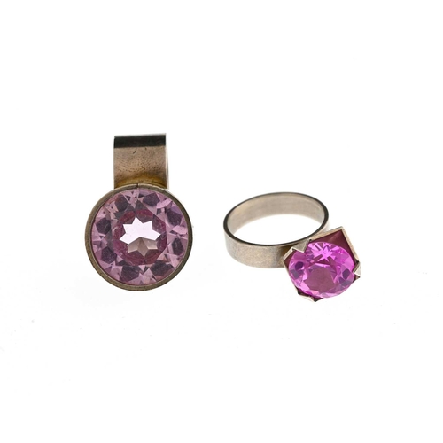 64 - Herman Hermsen, a silver pink synthetic sapphire ring, and another, both with maker's marks and stam... 