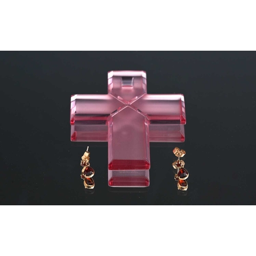 8 - A pink glass cross pendant by Baccarat, three cultured pearl necklaces, an imitation pearl necklace ... 