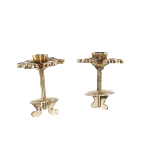 12 - A pair of gold emerald and rose-cut diamond floral cluster stud earrings, length 1.3cm, 3.9g Provena... 