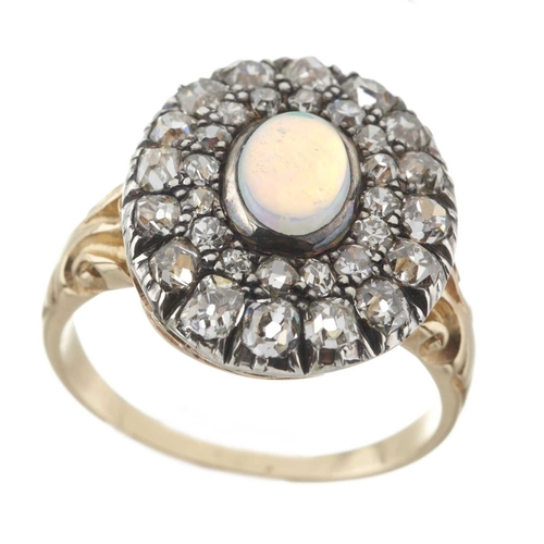 30 - An early 20th century gold and silver, opal cabochon and old-cut diamond cluster ring, opal estimate... 