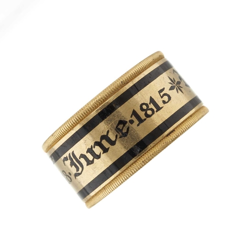 42 - An important George III 22ct gold Waterloo-related mourning band ring, with black enamel dedication ... 