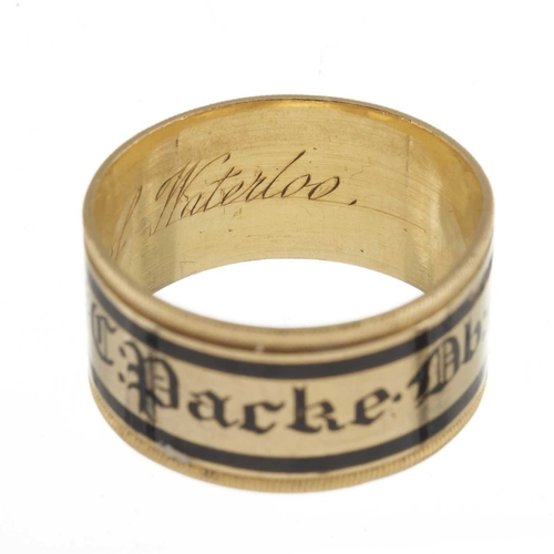 42 - An important George III 22ct gold Waterloo-related mourning band ring, with black enamel dedication ... 