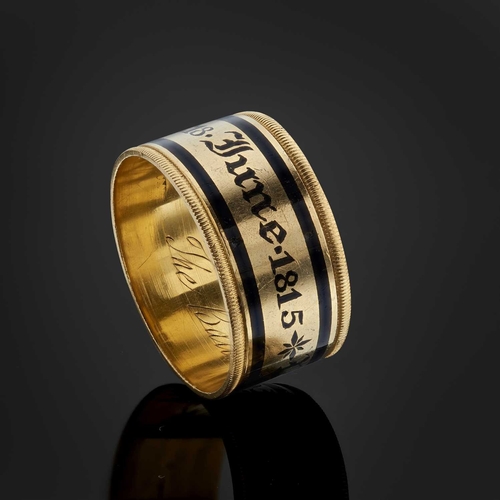 42 - An important George III 22ct gold Waterloo-related mourning band ring, with black enamel dedication ... 