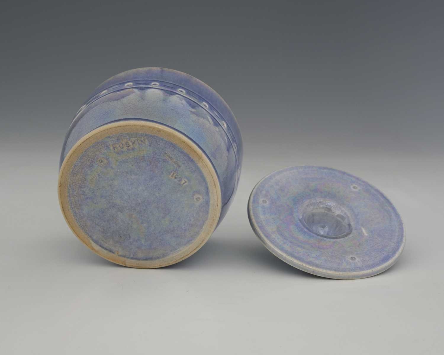 Ruskin Pottery, a lavender lustre pot and cover, 1927, squat barrel ...