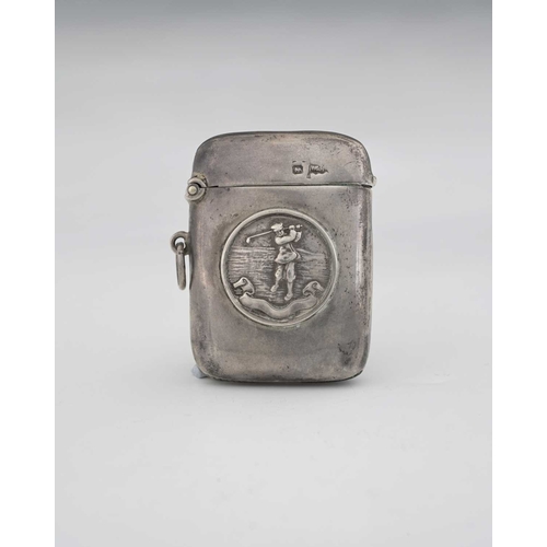 33 - Golf interest, an Edwardian silver vesta case, by Walker & Hall, Sheffield 1903, of rounded rectangu... 