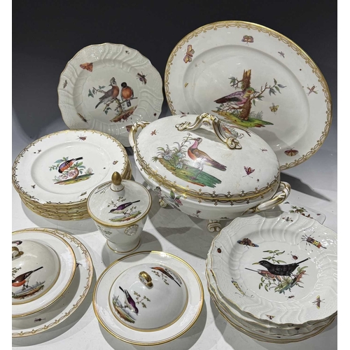 108 - A matched set of Meissen dinner plates, each painted with ornithological studies, insects and butter... 