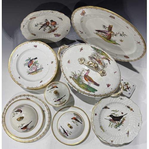 108 - A matched set of Meissen dinner plates, each painted with ornithological studies, insects and butter... 