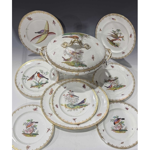 108 - A matched set of Meissen dinner plates, each painted with ornithological studies, insects and butter... 