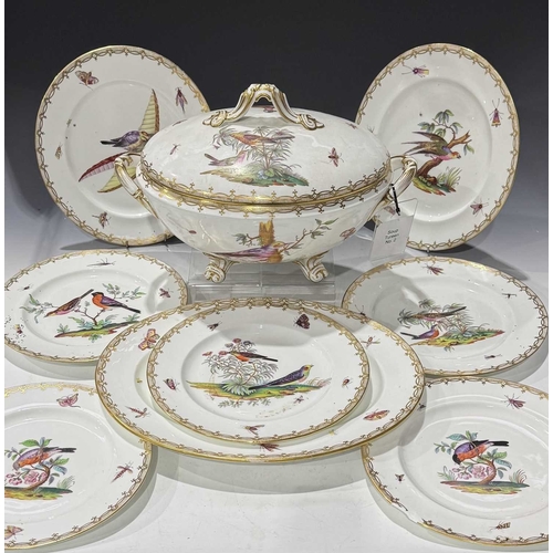108 - A matched set of Meissen dinner plates, each painted with ornithological studies, insects and butter... 