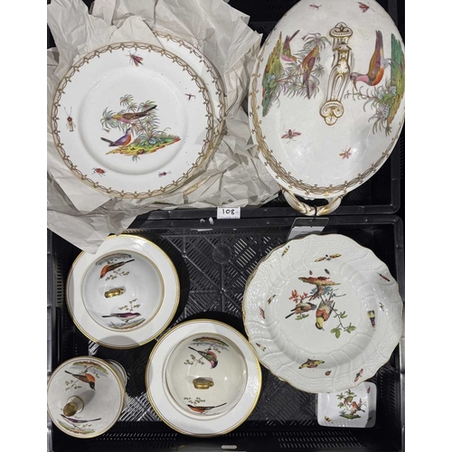 108 - A matched set of Meissen dinner plates, each painted with ornithological studies, insects and butter... 
