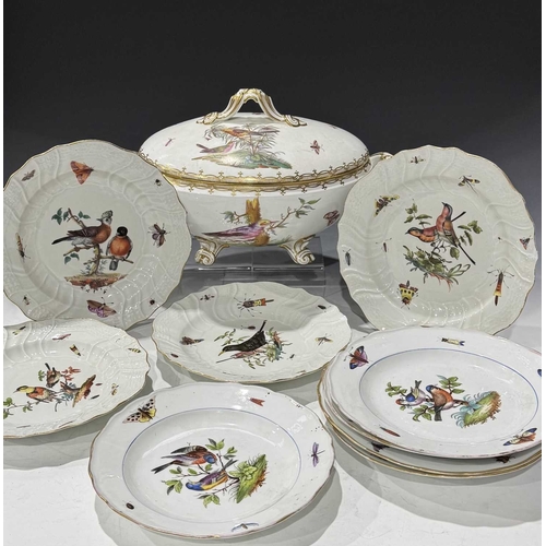 108 - A matched set of Meissen dinner plates, each painted with ornithological studies, insects and butter... 