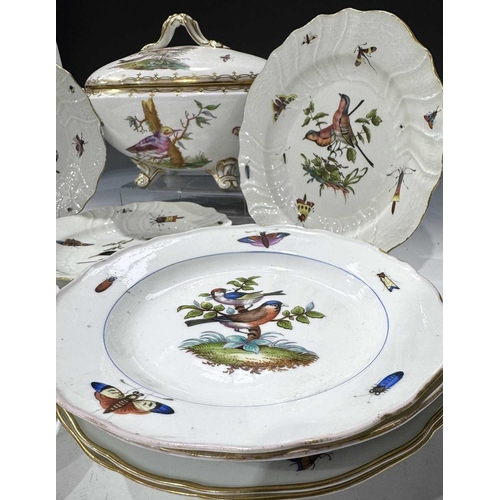 108 - A matched set of Meissen dinner plates, each painted with ornithological studies, insects and butter... 